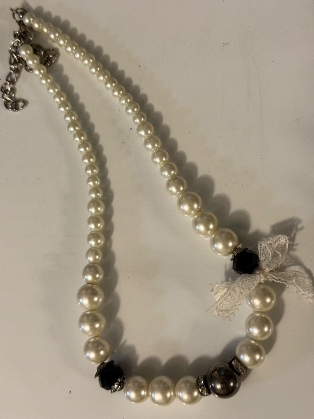 ⁠Handmade Faux Pearl Beaded Necklace Coquette Lace Bow Vintage Style⁠